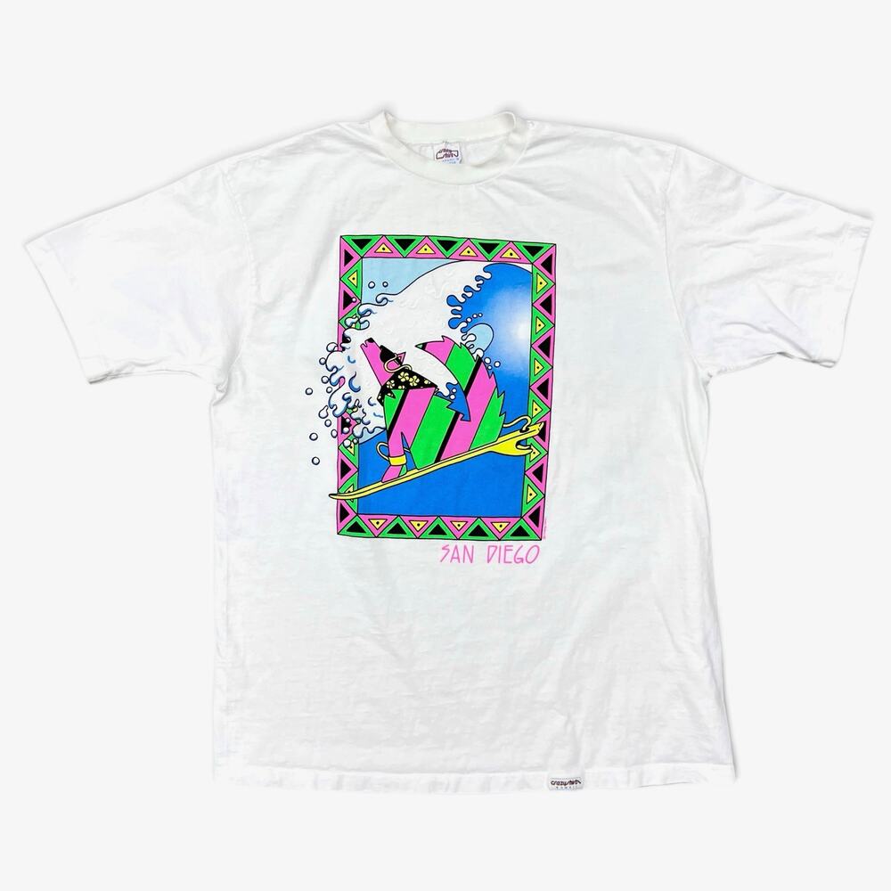 Vintage 90s Crazy Shirts San Diego Surf Dog T Shirt XL Neon Wave USA Tee Hawaii